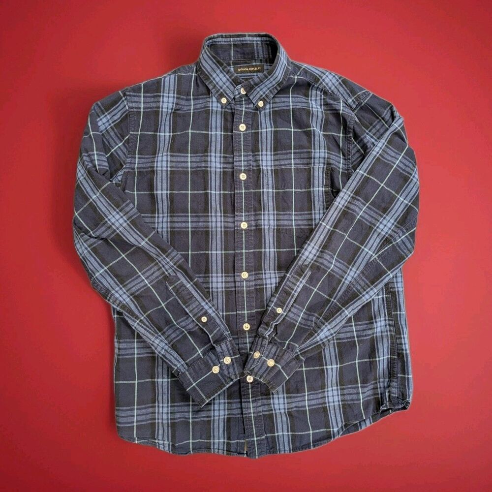 Banana Republic Untucked Slim Fit Blue Plaid Shirt Medium Long Sleeve